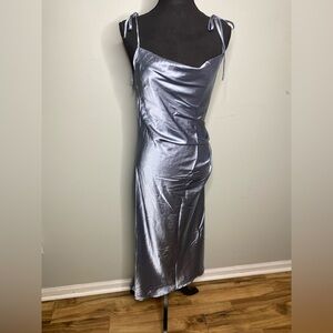 Silver/blue slip Satin Dress slit cowl neck tie up prom formally night out
